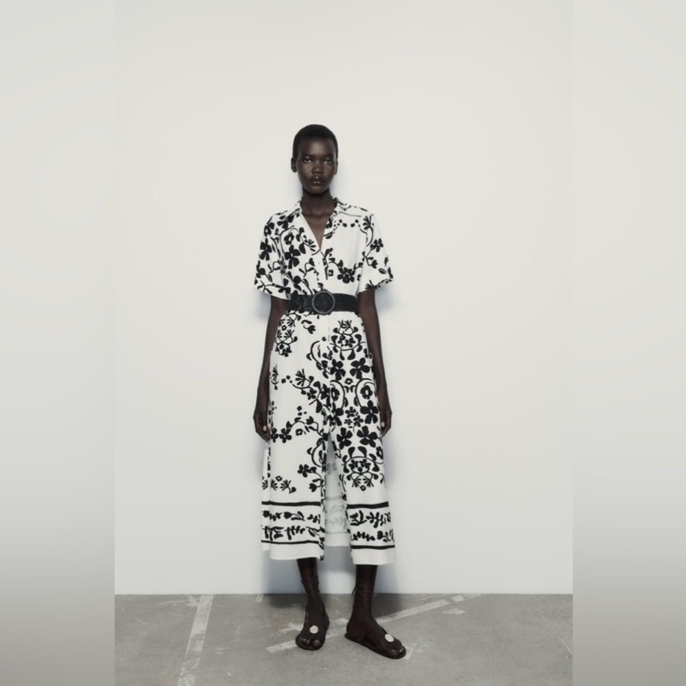 Linen Blend Zara Shirt Dress Minimalist Black White Print Button Down Pockets XL - Picture 2 of 16
